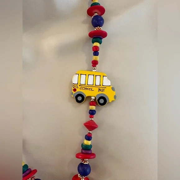 Vintage 90s Y2K Handmade Teacher Jewelry Set Schoolhouse Bus Necklace Earrings - Picture 11 of 13